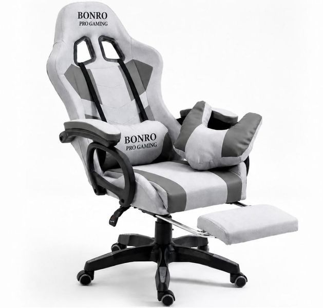 Кресло геймерское из ткани Bonro B-146 серое с подставкой для ног (42401177) 42401177 фото