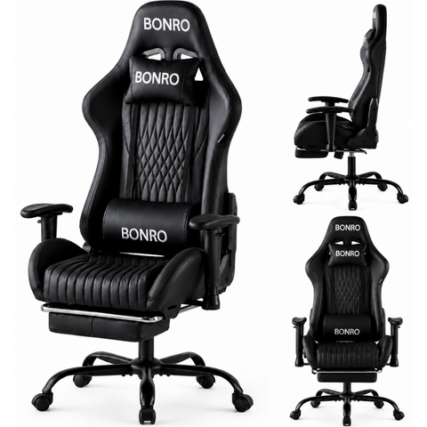 Геймерське крісло з підставкою для ніг Bonro 1002G-1 чорне (42401214) 42401214 фото