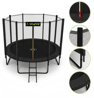 Батут с сеткой и стремянкой 374 см Atleto Black + подарок мячик 