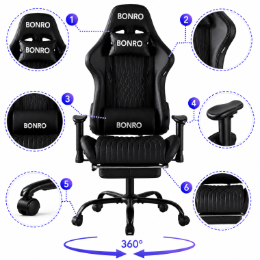 Геймерское кресло с подставкой для ног Bonro 1002G-1 черное 