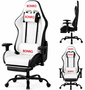 Геймерское кресло с подставкой для ног Bonro 1002G-1 белое 
