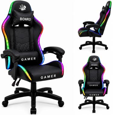  Комп'ютерне крісло Bonro Gamer з LED підсвіткою чорного кольору (B-149)
