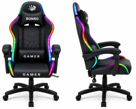  Комп'ютерне крісло Bonro Gamer з LED підсвіткою чорного кольору (B-149)