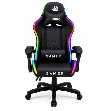  Комп'ютерне крісло Bonro Gamer з LED підсвіткою чорного кольору (B-149)